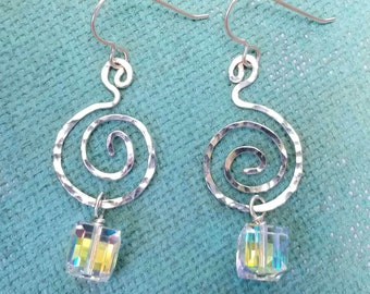 Silver Swarovski Crystal Earrings, Artisan Earrings, Swarovski Crystal Earrings, Drop Swirl Earrings With Crystal Cube Dangles