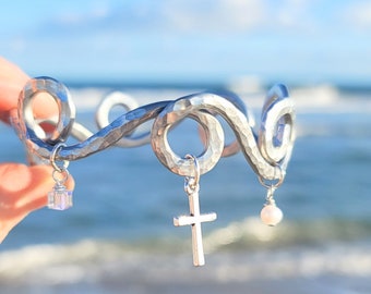 Rolling Waves Bracelet with Cross and Bead Dangles, Pearl Cuff Bracelet, Hammered Aluminum, Handcrafted Bracelets