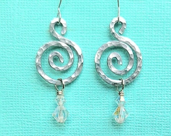 Mini Wave Earrings, Swirl Dangle Earrings, Boho Earrings, Hammered Aluminum, Crystal Dangles, Handcrafted earrings, Artisan jewelry