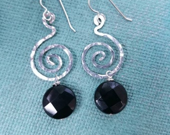 Silver Swirl Earrings with  Black Agate, Swirl Dangle Earrings, Drop Swirl Earrings