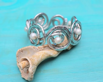 Gemstone Cuff Bracelet,  Blue Apatite Cuff Bracelet, One of a Kind Cuff Bracelet, Beaded Cuff Boho Bracelet, Pearl Cuff Bracelet