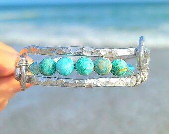 Turquoise Jeweled Wave Bangle Bracelet, Hammered Jewelry, Wire Wrapped, Boho Bracelet, Handcrafted Jewelry, Artisan Jewelry