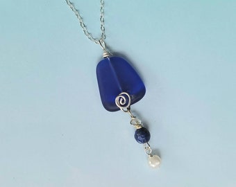 Royal Blue Seaglass Necklace, One of a Kind, Handcrafted Necklace, Unique Jewelry, Jewelry Gifts, Presence Jewelry, Ocean Blue Pendant