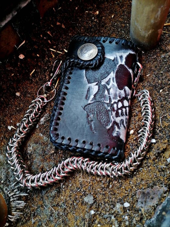 Cartera biker cincelada en piel y cuero. Etsy Espa a