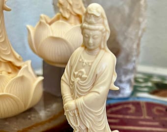 Ivory Nut Carved Quan Yin Statue: Goddess of Compassion, Feng Shui Decor