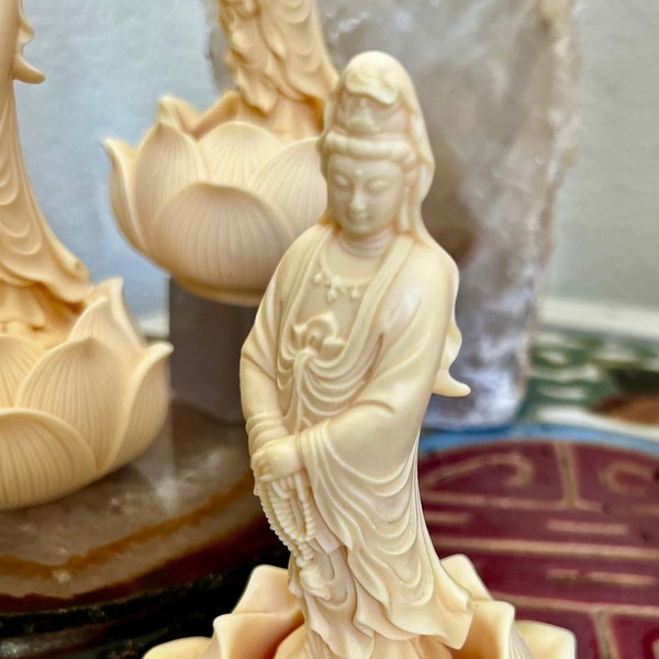 Quan Yin with Lotus Flower, Kwan Yin Goddess of Compassion & Kindness, Guanyin, Ivory Nut Carved  Feng Shui Statue, Metaphysical