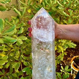 XXL Crackle Clear Quartz Tower: Rainbow Hematite Generator, 14&quot;