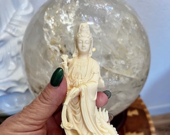 Quan Yin Statue: Ivory Nut Carving, Lucky Dragon, Feng Shui Decor