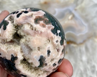XL Moss Agate Sphere: Quartz Druzy, Heart Chakra Stone (65mm)