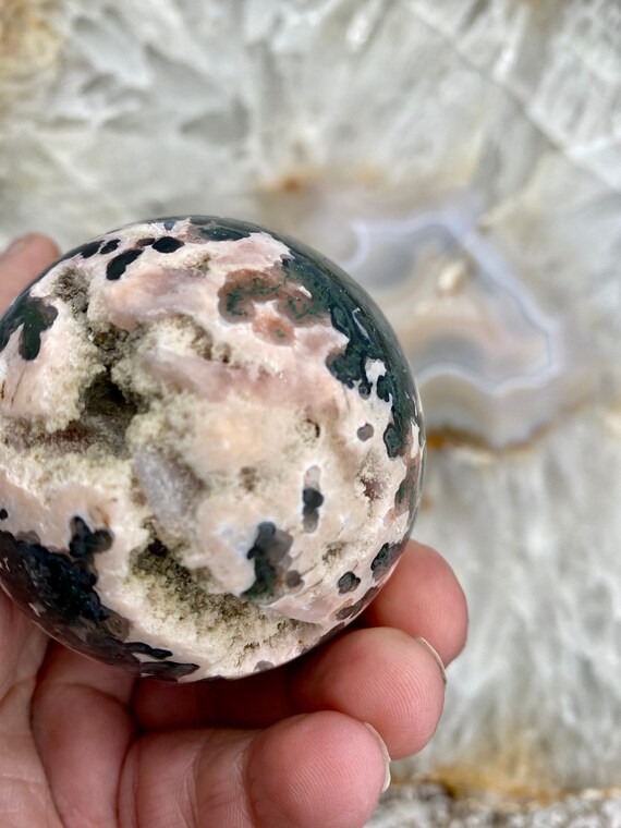 XL Moss Agate Sphere: Quartz Druzy, Heart Chakra Stone (65mm)