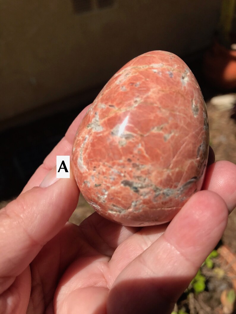 May include: A smooth, red and white, polished, egg-shaped stone with a mottled pattern. The stone is being held in a hand. The letter "A" is written on a finger.