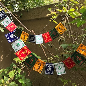 Om Mani Prayer Flags (Set of 10): Tibetan Script, Meditation Decor
