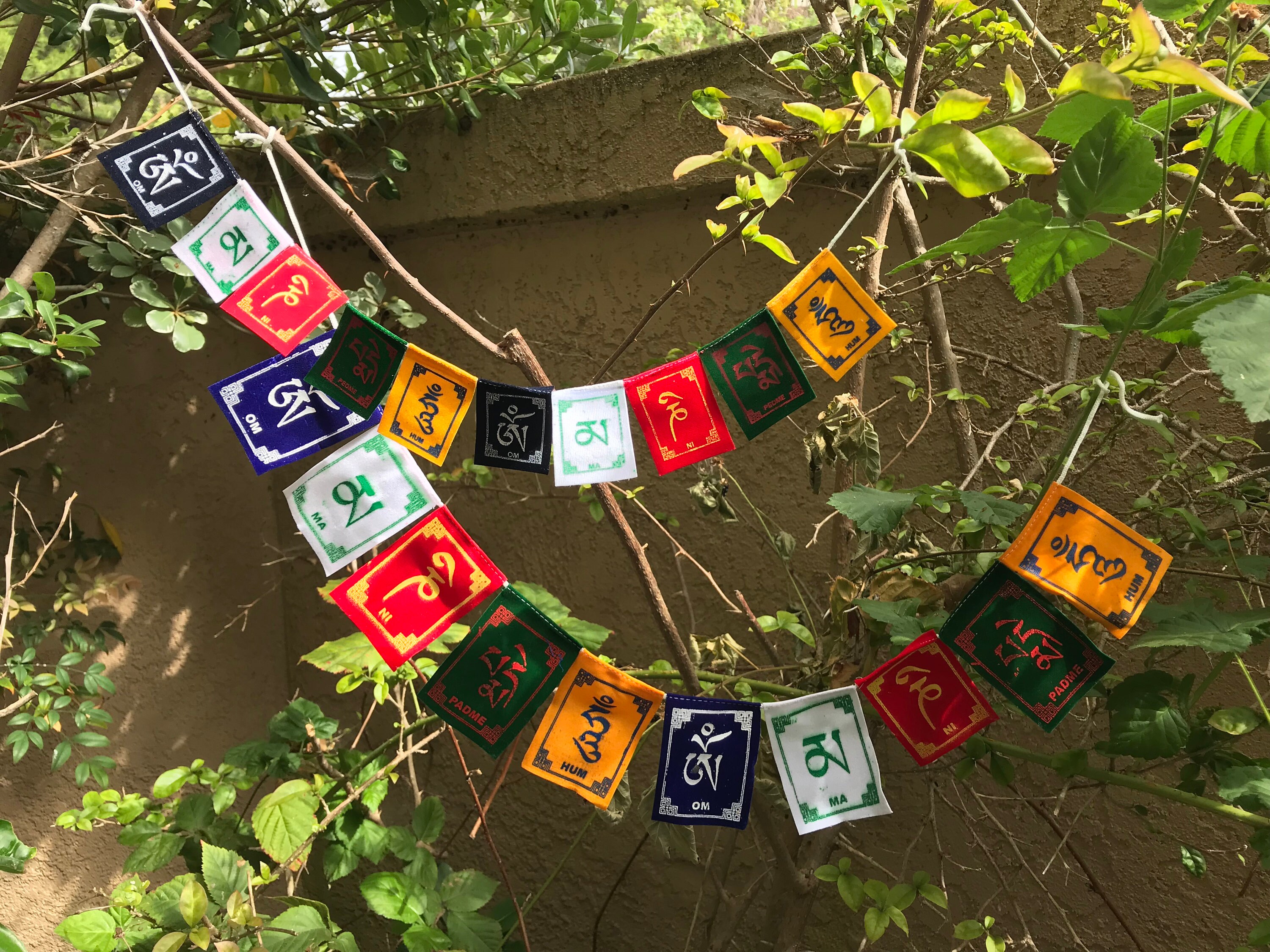 Om Mani Prayer Flags (Set of 10): Tibetan Script, Meditation Decor