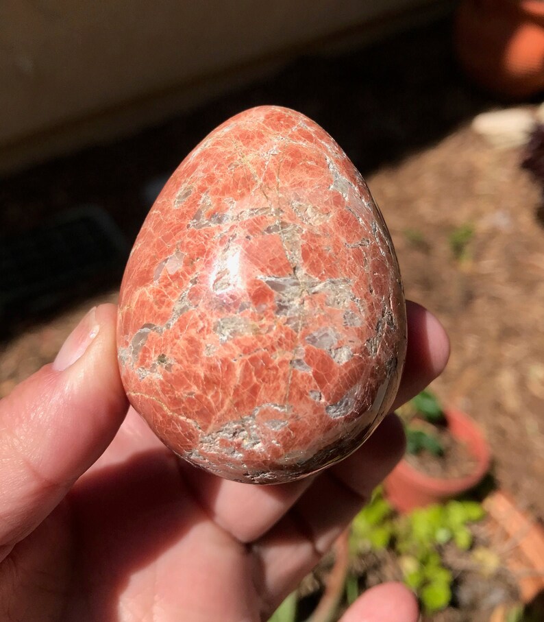 May include: A red and white speckled egg-shaped stone. The stone is smooth and polished.