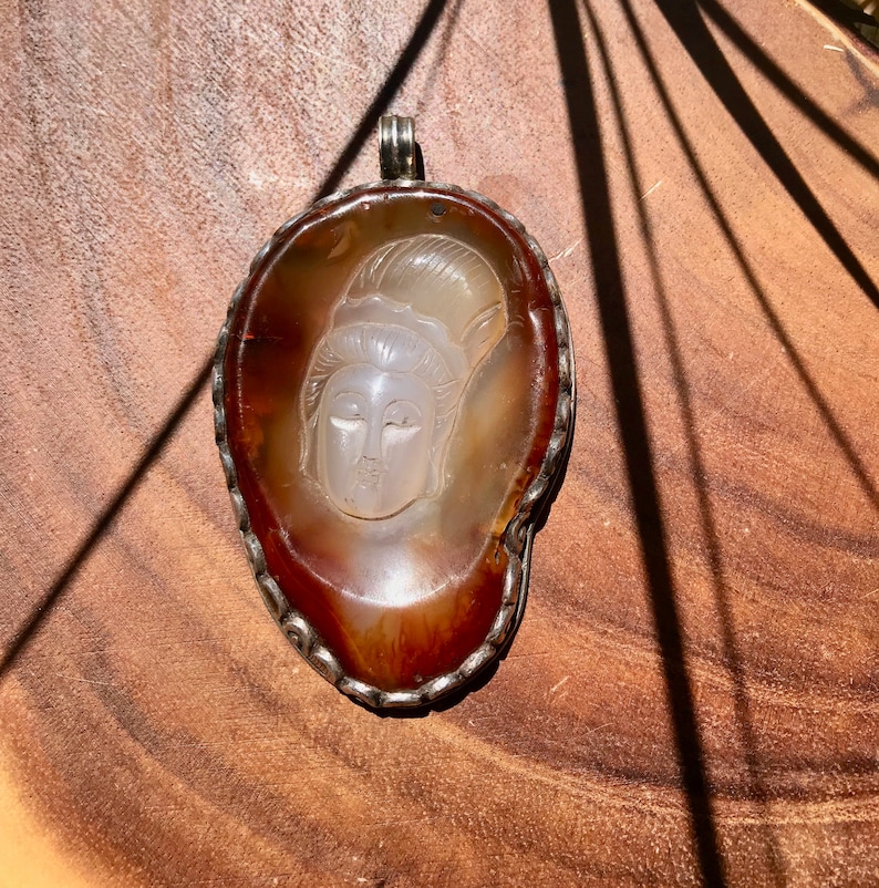 Beautiful Carnelian Agate Quartz Buddha Pendant Large Handmade w/Silver Engraved Casing jewelry, Metaphysical