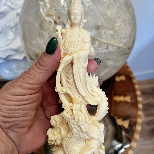 Quan Yin with Lucky Dragon, Kwan Yin Goddess of Compassion & Kindness, Guanyin, Ivory Nut Carved  Feng Shui Statue, Metaphysical