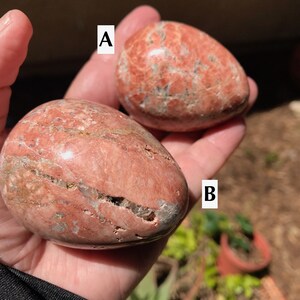 May include: Two red and white striped egg-shaped polished stones labeled A and B.