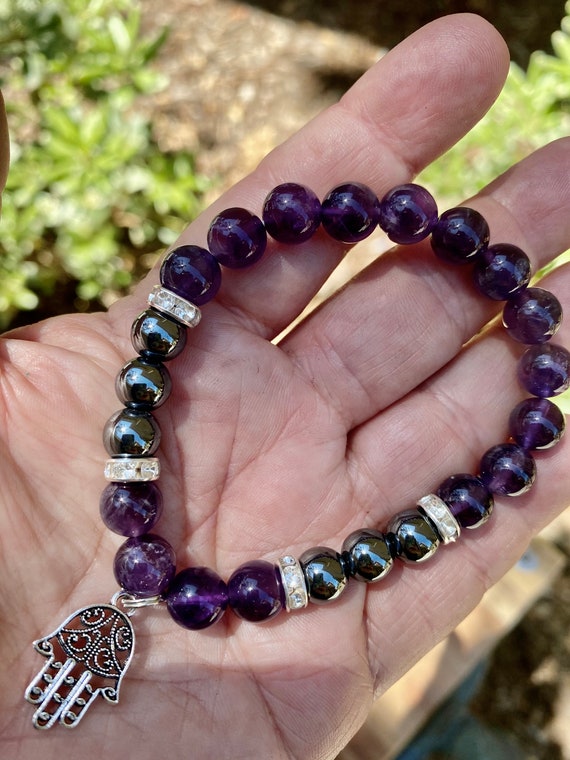 Amethyst Hematite Beads Bracelets With Hamsa Charm Natural