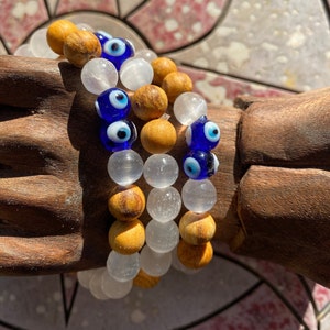 Handmade Palo Santo Selenite Bracelet with Evil Eye Beads