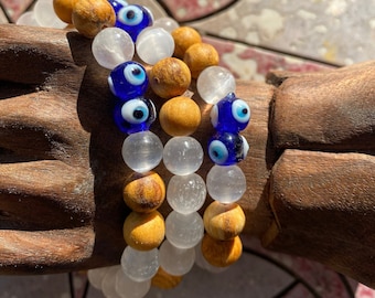 Handmade Palo Santo Selenite Bracelet with Evil Eye Beads