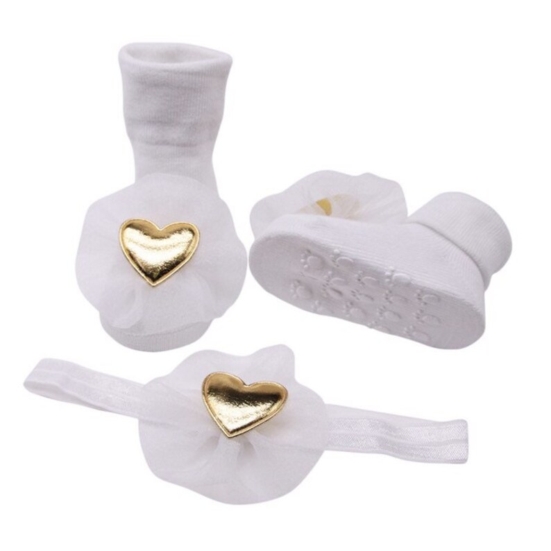 Baby Walker Socks Crown Headband Newborn girl boots White No Slip Cotton Socks with Heart Headband Baby Shoes Baby girl Winter Shocks