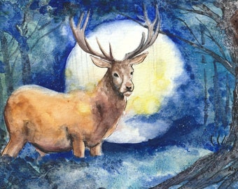 Elanden in het maanlicht, originele aquarel, bos, door Alyssa Penner
