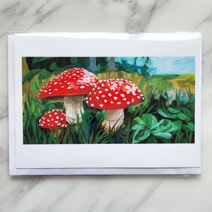 Cartão de saudação com arte de fezes de sapo, cogumelos, floresta, natureza, ilha de Vancouver, BC, Canadá, em branco por dentro, por Alyssa Penner