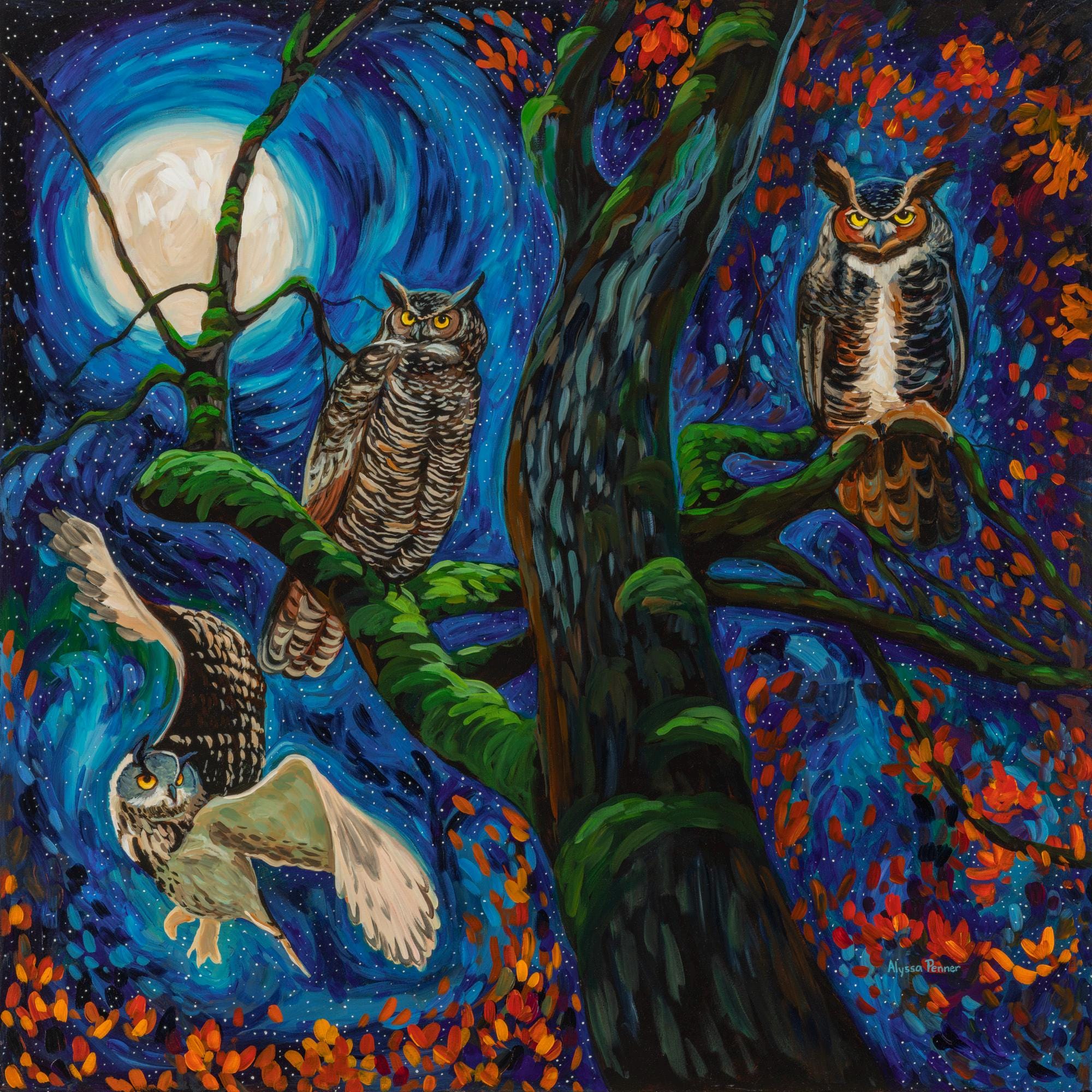 Midnight Hangout Fine Art Paper Print, Giclee, Owls, Wildlife, Canadian Artist