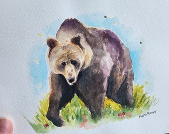 Grizzly Bär Original Aquarell Gemälde, kanadischer Künstler, Wildtier Kunst, Illustration, von Alyssa Penner