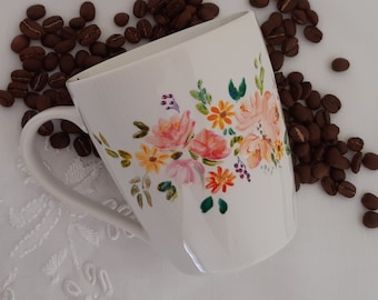 Hand Painted Mug, Ceramic Coffee Mug , Coffee Mug, Tea Mug , Boho style ,Wild Flowers , Folk style, good morning Beautiful