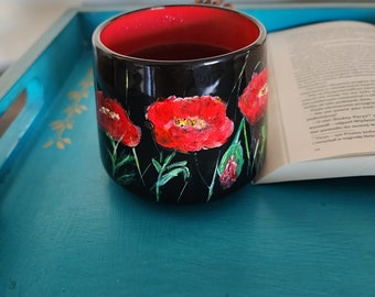 Taza de flores de amapola, taza negra, taza grande, porcelana, café, taza de té