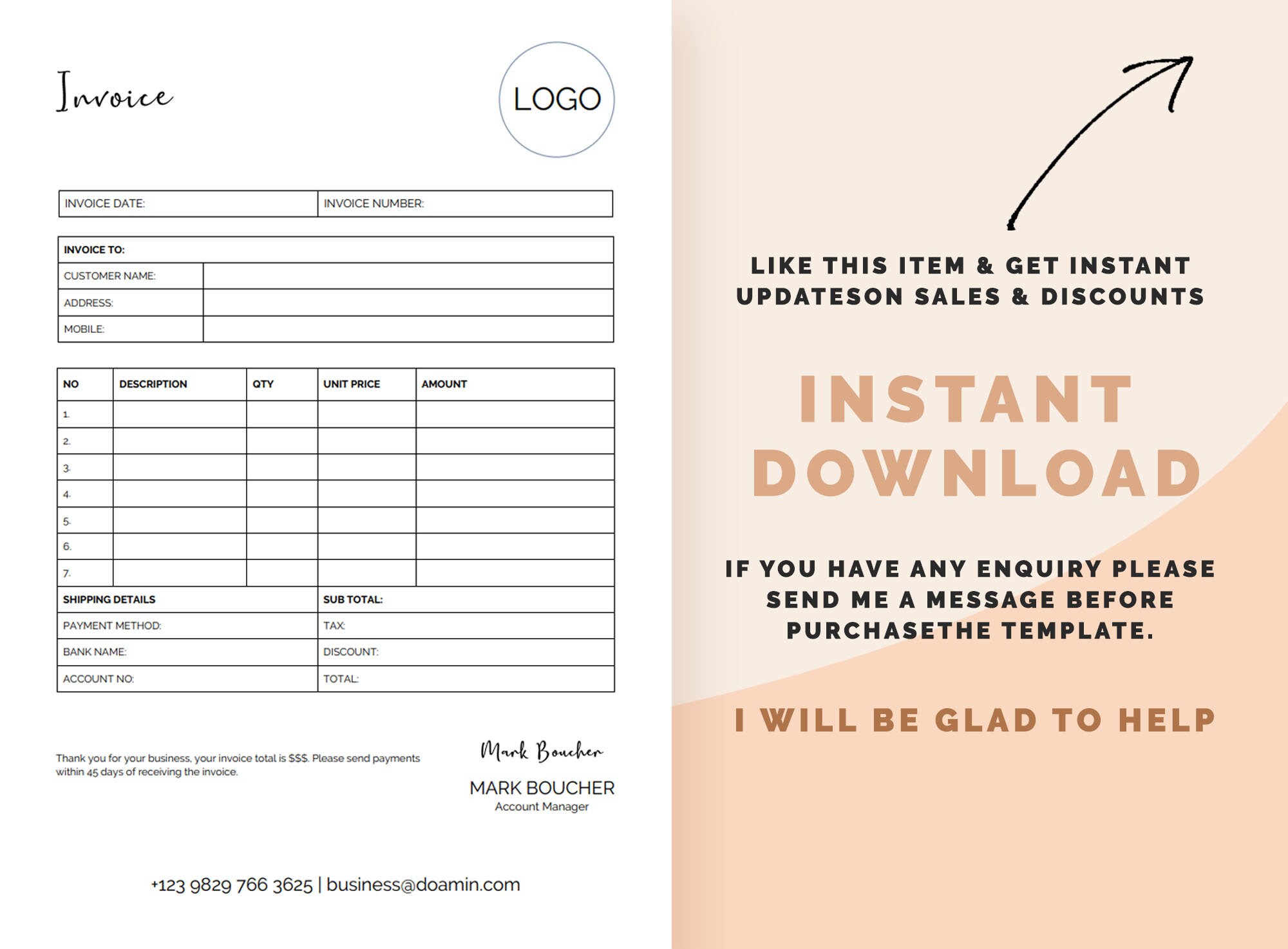 Editable Invoice Template, Business Invoice Template Printable, INVOICE ...