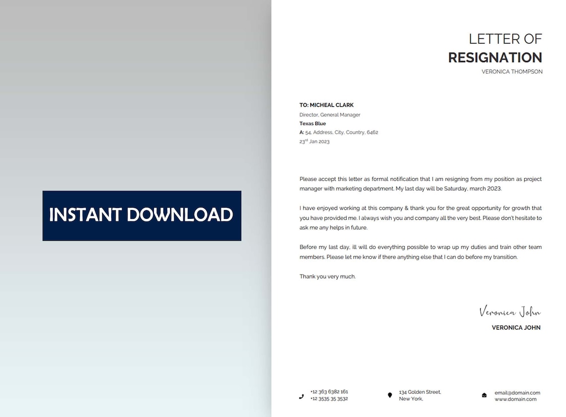 Resignation Letter Template Professional Resignation Letter - Etsy UK