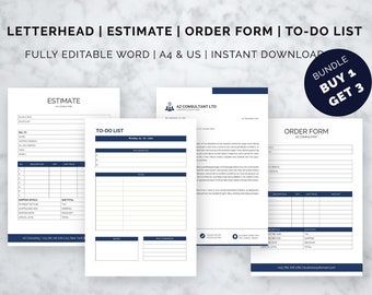 Letterhead Template, Business Letterhead Template, Editable Business Template Bundle, Letterhead for Word Estimate Template, Order Form