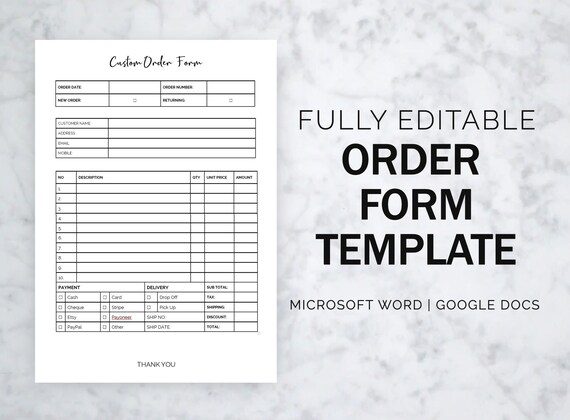 Printable Order Form Template Editable Purchase Order Form | Etsy