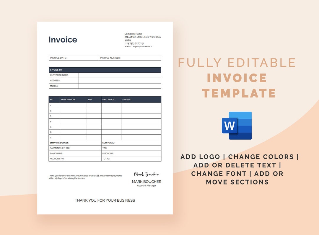 Editable Invoice Template, Printable Business Invoice Template for Word ...