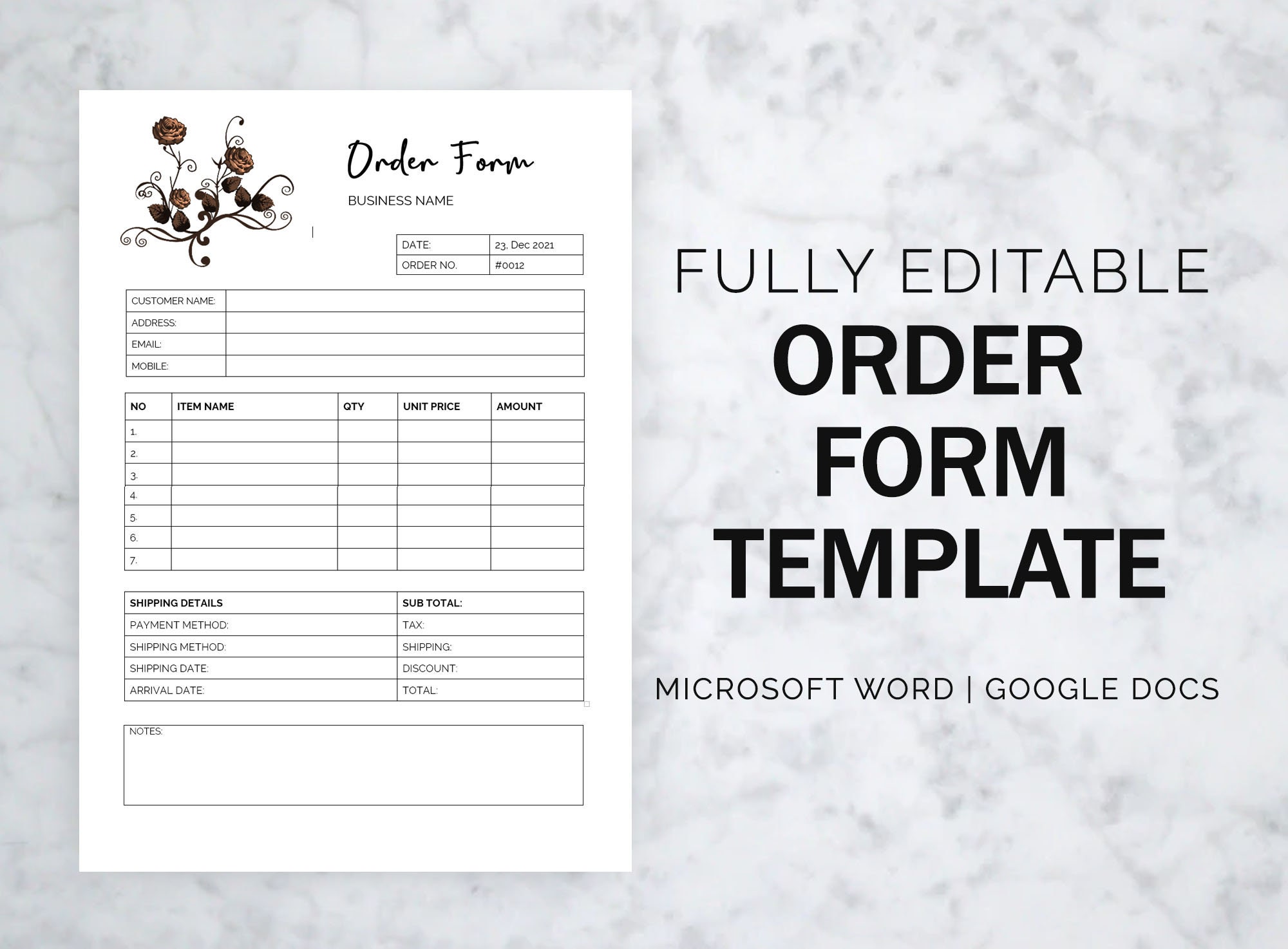 Order Form Template Editable Floral Order Form Template Etsy