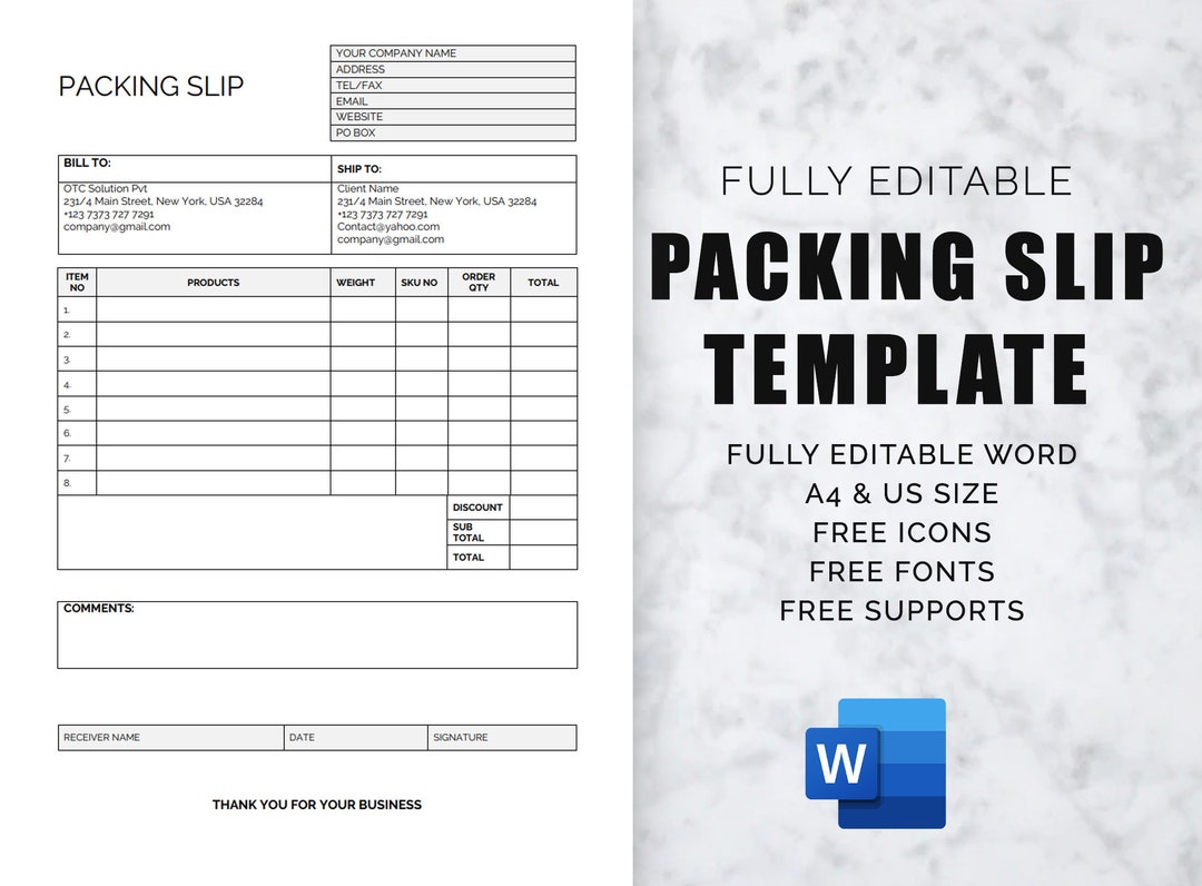 Packing Slip Template, Printable Packing Slip Template, Editable Packing Slip Microsoft Word