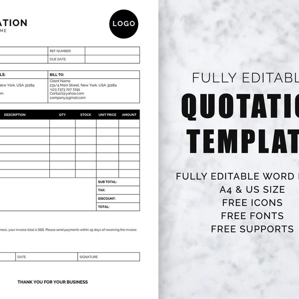 Editable Price Quotation Template, Estimate Template, Printable Price Quotation Template For Small Business, Quote Template In Word