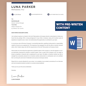 Modelo de carta de apresentação + pré-escrito, carta de apresentação para currículo, modelo de carta de apresentação de funcionário Microsoft Word, página de rosto de solicitação de emprego.