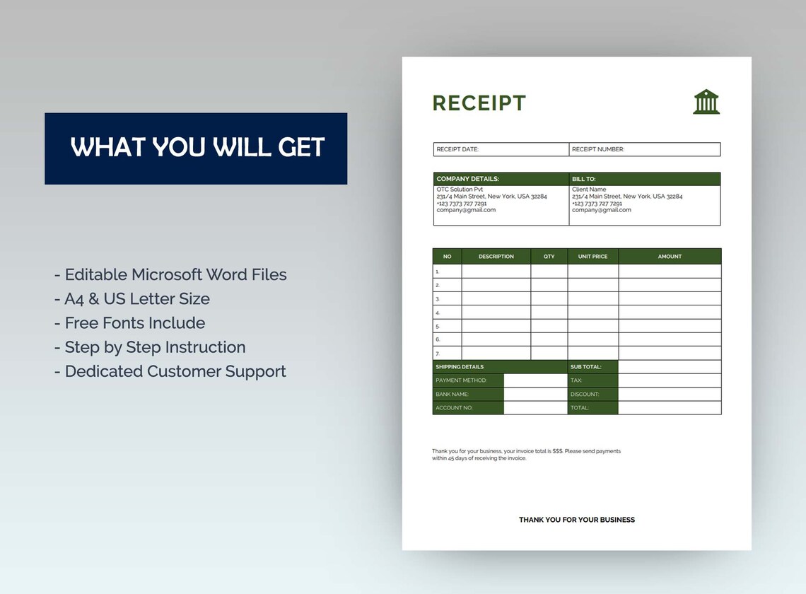 Editable Receipt Template, Receipt Template Small Business, Receipt
