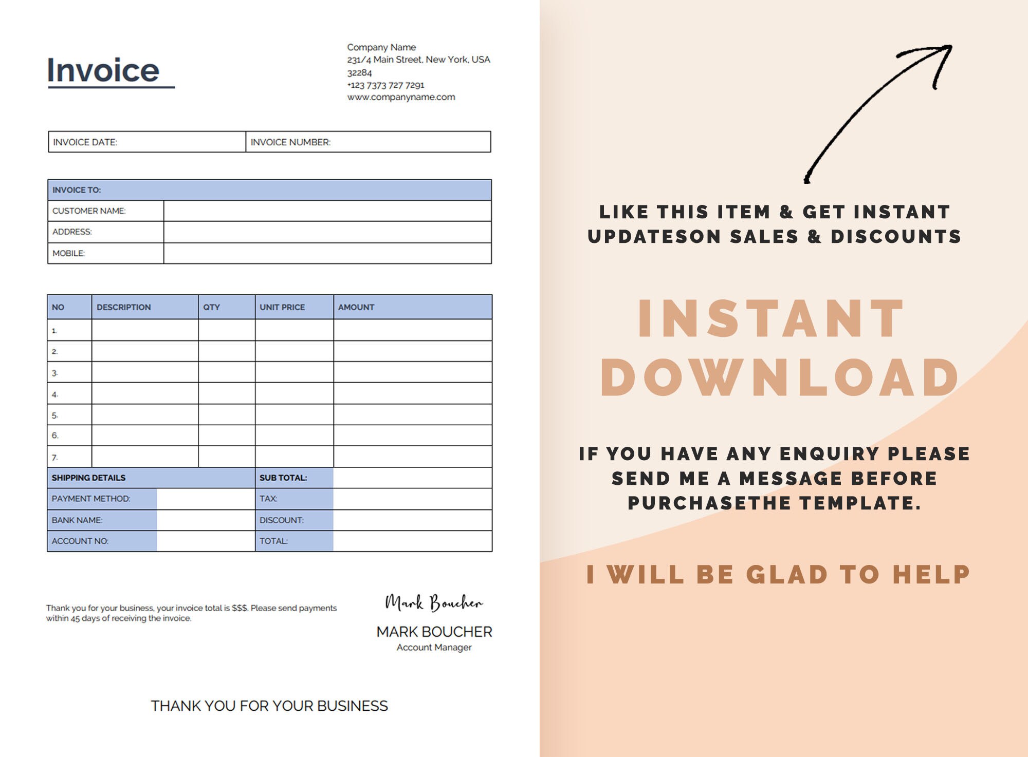 Business Invoice Template Printable Editable Invoice - Etsy