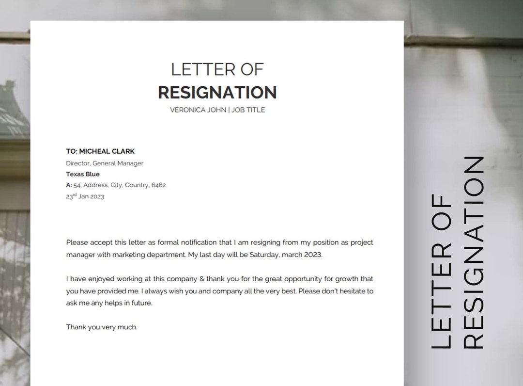 Resignation Letter Template Professional Resignation Letter Etsy