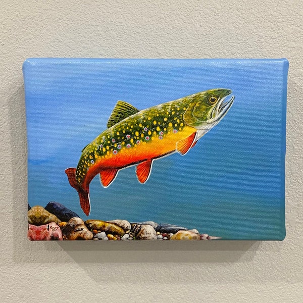 BROOKIE RISE II, Brook Trout painting, 5x7 canvas giclee' gallery wrapped, or flat mounted