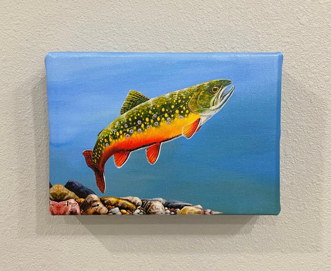 BROOKIE RISE II, Brook Trout Painting, 5x7 Canvas Giclee' Gallery Wrapped, or Flat Mounted Etsy