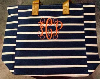 Striped Canvas Tote Bag Leather Handles