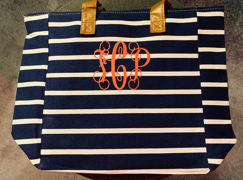 Striped Canvas Tote Bag Leather Handles Etsy
