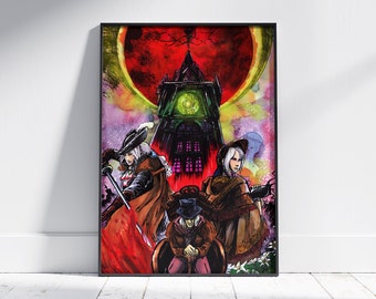 Könnte beinhalten: Eine Aquarellillustration von drei Figuren, die vor einem großen gotischen Gebäude stehen. Das Gebäude hat einen Glockenturm und einen roten Mond dahinter. Die Figuren tragen dunkle Kleidung und haben blasse Haut. Die Illustration ist vor einem Hintergrund aus wirbelnden Farben.