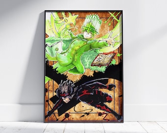 May include: A digital illustration of two characters, one in green and one in black, with a background of brown and black. The green character is wearing a crown and holding a book. The black character is holding a sword. The image is framed in black.