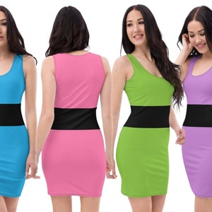 Anime Girls Cosplay Costume Halloween Ppg Superhero Party Bodycon Dress Birthday Gift Hero Girl Fan Art 90's Cartoon Blossom Bubbles + 2 ++Y